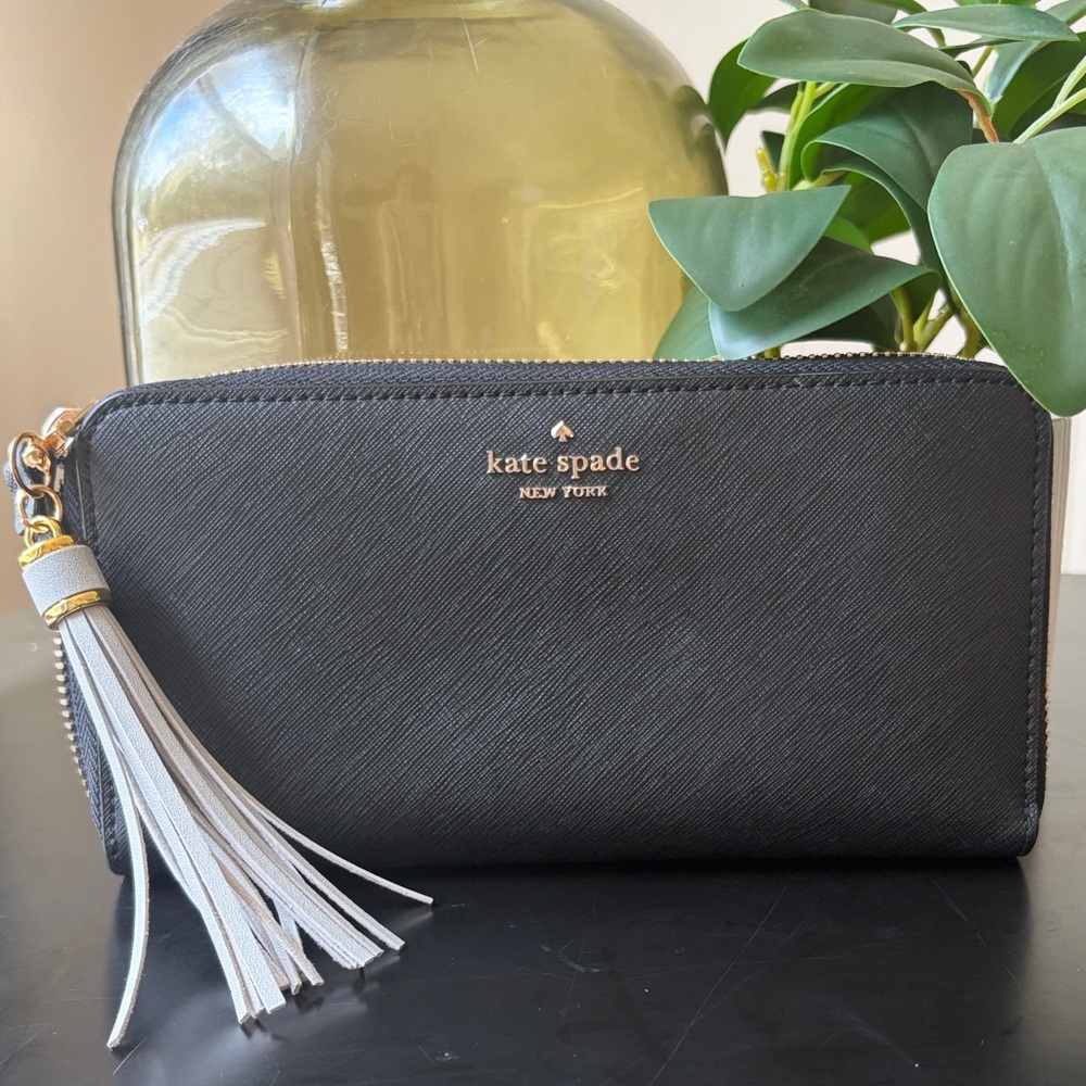 kate spade black zip-around saffiano wallet with gold logo